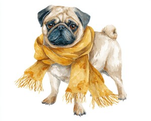 A charming watercolor illustration of a playful pug dog adorned with a stylish gold scarf, set against a clean white background, perfect for playful and trendy designs.