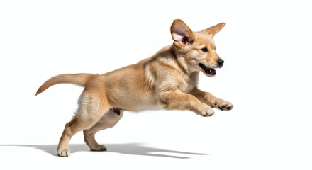 Energetic Golden Labrador Puppy Leaping Mid Air Isolated on White Background