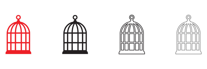 Bird cage icon set, locked bird cage vector, silhouette and line art