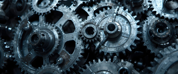 Intricate industrial gears meshing together in dynamic detail, conveying precision, engineering, and complex mechanical systems.