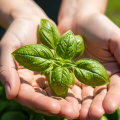 of Hands Holding Small Delicate Sprig of Fresh Basil Herb Focusing on Dew Drops on Leaves