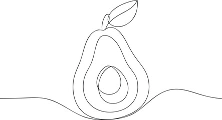 Single line drawing of a halved avocado with leaf fruit