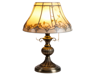  Side-Angle View of Art Nouveau Lamp with Illuminated Shade, Transparent Background