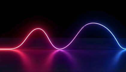 A neon pink and blue sine wave on a reflective surface , black background.