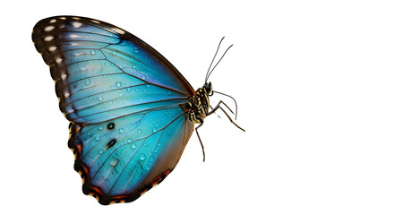 Stunning iridescent blue butterfly with delicate wings rests on a white background.