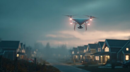 Fototapeta premium Drone flying over suburban neighborhood dusk