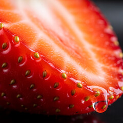of Vibrant Fresh Red Flesh of Sliced Strawberry Showing Precise Cellular Structure Seeds