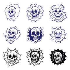 Skeleton head emerging from shattered wall graphic design for horror or halloween themed advertisements and banners