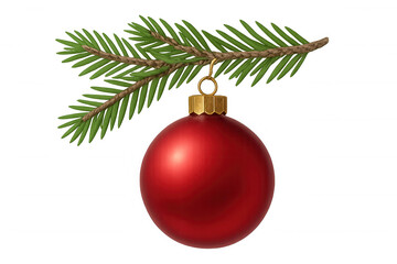 Red christmas bauble hanging from a fir tree branch, celebrating holiday season with festive decorations