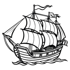 Detailed line art illustration of a classic wooden sailing ship with intricate rigging and hull details perfect for nautical themes and historical designs