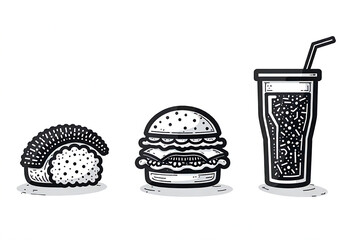 "Futuristic cyber-style food icon set in black and white, where sushi, burger, and drink are formed with circuit patterns, digital line art, and glowing outline aesthetics, vector illustration on whit