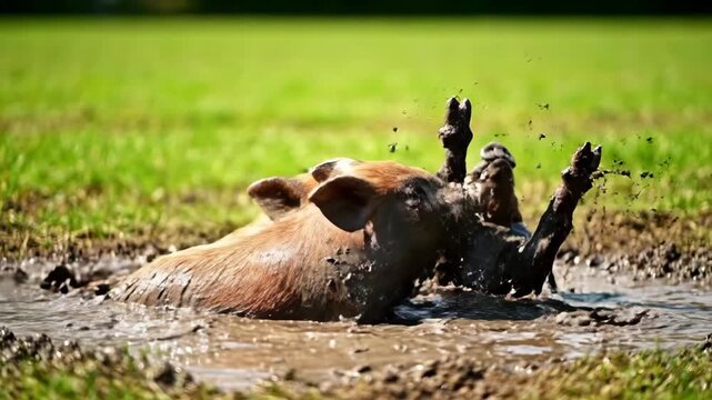 Piglets Playing and Splashing in Muddy Puddle on Sunny Day