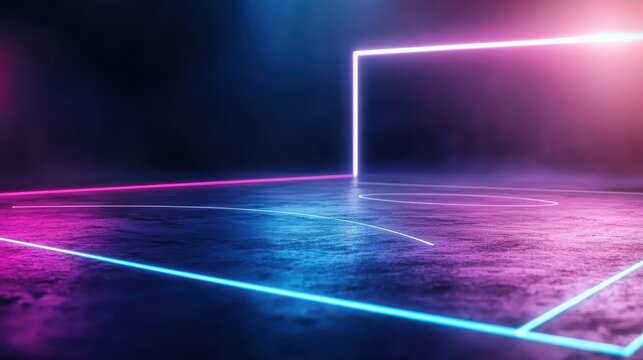 neon sports Soccer Field Bright neon rendered soccer field at night, emphasizing the detailed glowing lines of the field and goal zones in a modern abstract style. - Powered by Adobe