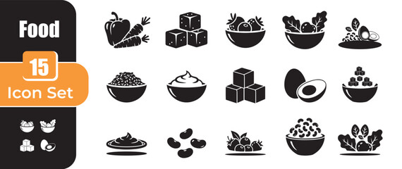 Collection of 15 food and ingredient icons in a clean silhouette style