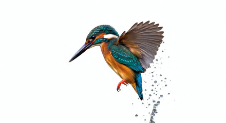 Fototapeta premium Stunning Kingfisher Bird in Mid Flight Bursting from Water Splash Isolated on White