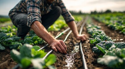 Farmer watering crops outdoor farmland