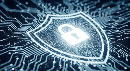 Digital shield and lock symbolize secure data protection on circuit board