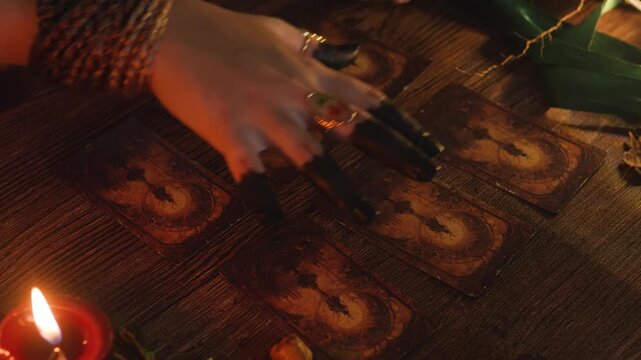 Fortune teller's hand with dark painted nails and rings arranging intricate tarot cards on a rustic wooden table, illuminated by a flickering candle flame, predicting destiny and future