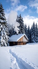 Cozy cabin with chimney smoke in a snowy landscape, deep forest