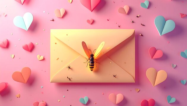 A colorful romantic scene with paper hearts, an envelope, and a bee