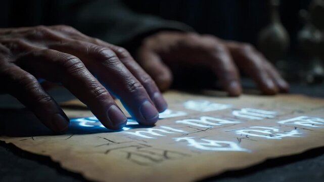 A man's hand touching an ancient scroll with glowing magical symbols, activating a magical map ritual, wizardry concept footage.