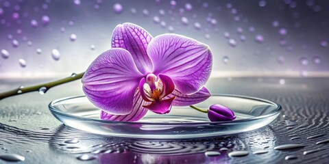 Fototapeta premium Serene Purple Orchid Floating on Water in a Glass Dish with Gentle Water Droplets