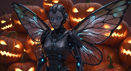 A robotic fairy with glowing wings, against a backdrop of carved jack-o'-lanterns