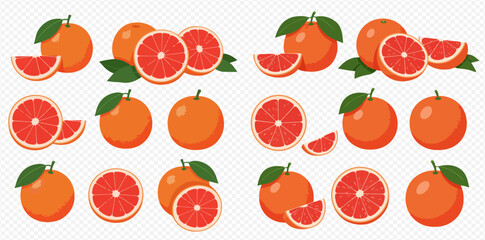 Illustration of whole and sliced grapefruits with leaves on a transparent background.