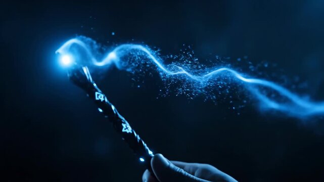 Hand holding a magical wand emitting blue energy for magic spell casting demonstration footage