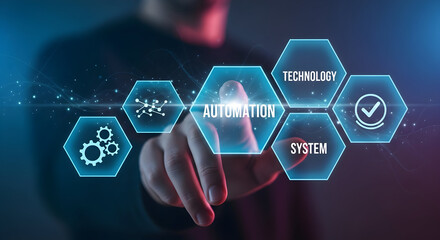 Businessman interacts with futuristic automation technology interface