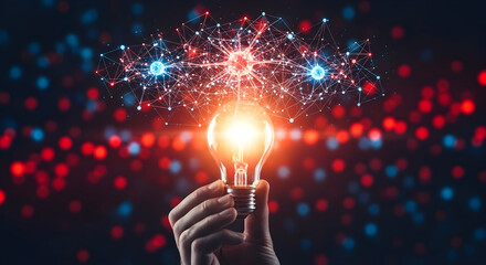 Bright idea illuminated, human hand holding glowing lightbulb with network connections