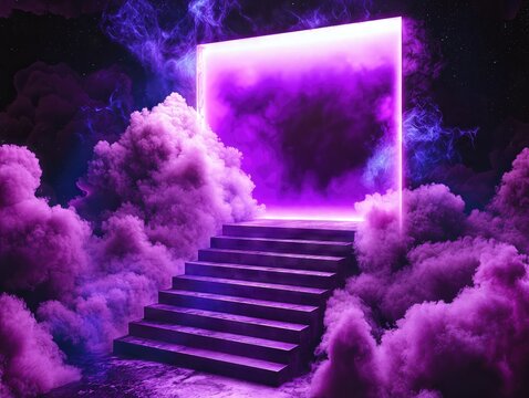Stone stairway leading to glowing purple neon portal surrounded by clouds of smoke in a fantasy or surreal background