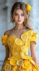 A female model in a dress made of lemon slices, face is shining, the delicate, bright dress emphasizes the sparkle of eyes under the spotlights. Couture garments, unique style on the catwalk.