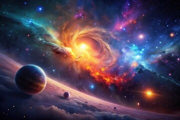 Obraz premium A Celestial Tapestry of Vivid Nebulae, Glowing Stars, and Distant Planets Orbiting a Fiery Vortex