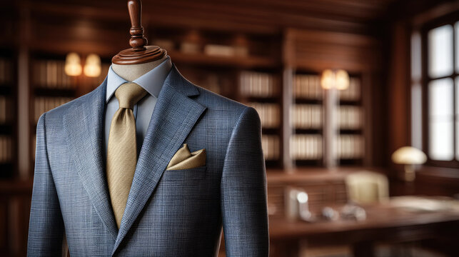 Elegant tailored suit with gold tie and pocket square displayed on mannequin in luxurious wood paneled office library