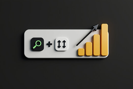 3D render marketing dashboard with search analysis conversion and growth charts black background