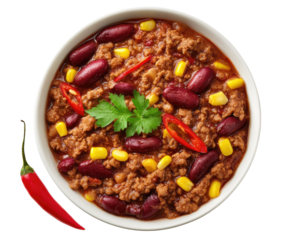 Hearty chili in white bowl, topped with beans, corn, and herbs
