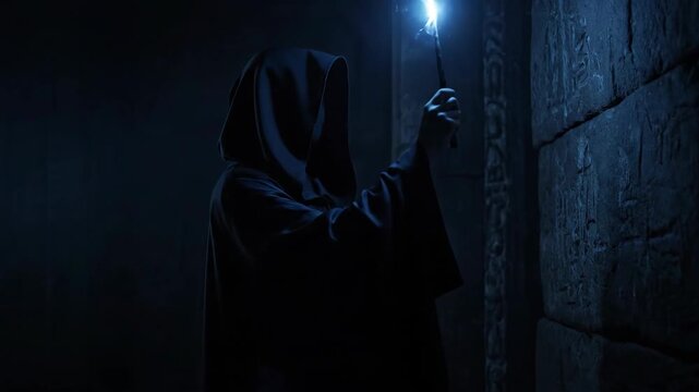Man in black hooded cloak using magic wand to illuminate ancient carved wall in dark room, fantasy adventure footage