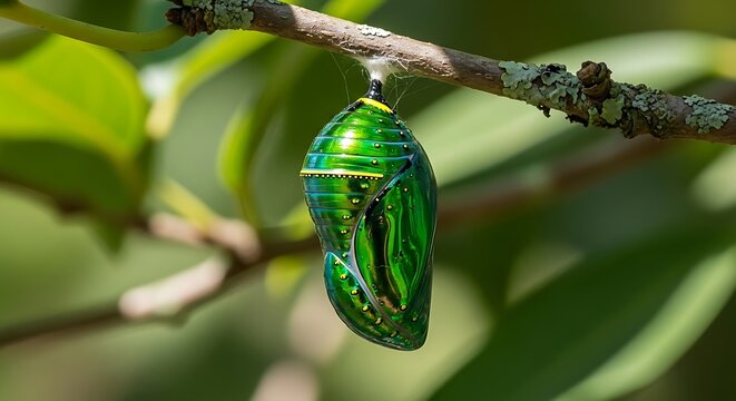 Vibrant Green Chrysalis: Monarch Butterfly Cocoon Hanging from Tree Branch, Detailed Close-up of Intricate Metallic Sheen and Natural Camouflage in Sunny Outdoor Environment