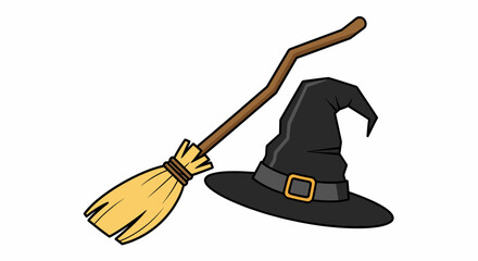 Whimsical Witchcraft Broom And Hat For Spooky Season Illustrations