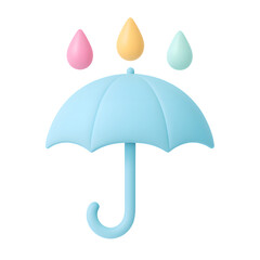 3D umbrella icon, blue parasol with colorful raindrops, isolated on transparent background