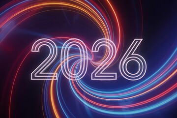 Dynamic 2026 New Year celebration with vibrant streaks of light, futuristic digital art for event promotion
