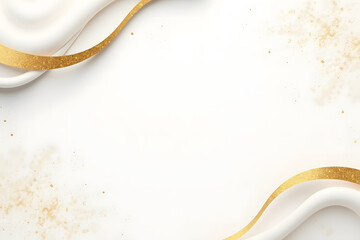 Elegant white background with swirling gold ribbons and glitter accents for design