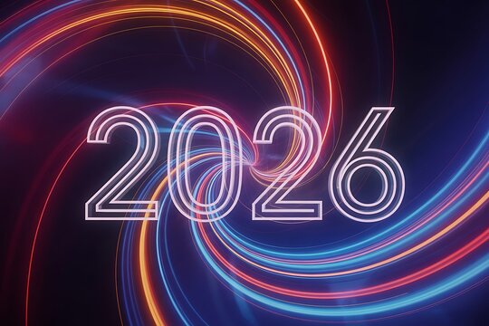 Dynamic 2026 New Year celebration with vibrant streaks of light, futuristic digital art for event promotion