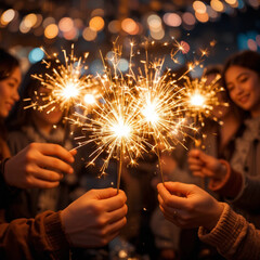 Sparkling sparklers in the hands. Playing firework to celebrate winter holidays with friends at the party. Magic New Year, Christmas.