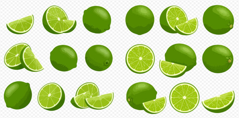 Collection of fresh green limes, whole and sliced, on a transparent background.