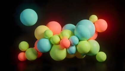 Abstract composition of rounded shapes with vibrant neon colors, arranged in a dense cluster , against a dark background.