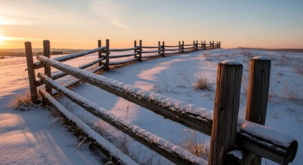 Wood fence running through a snow-covered field at sunrise, casting long shadows. Winter country landscape for outdoor adventure.