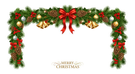 Vector art of christmas garland with pine cones, bells, baubles, and red bows