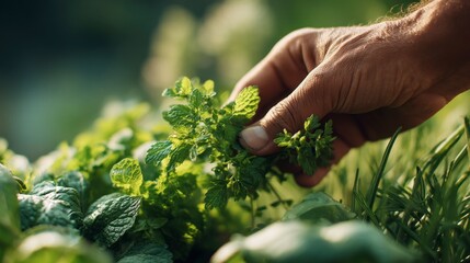 Hand picking fresh mint herb